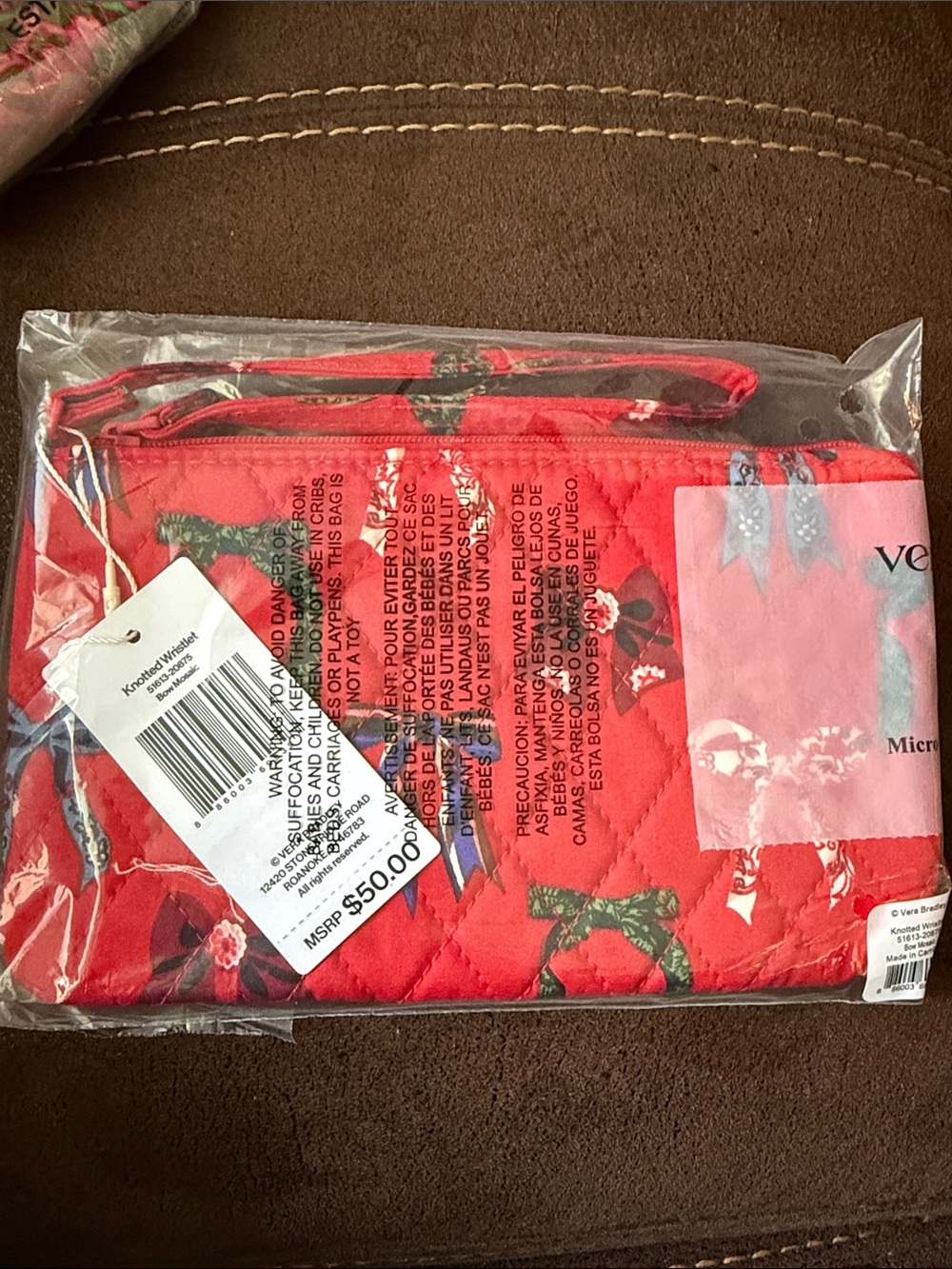 Vera Bradley Red Quilted Cosmetic Wristlet with Floral Trim and Strap